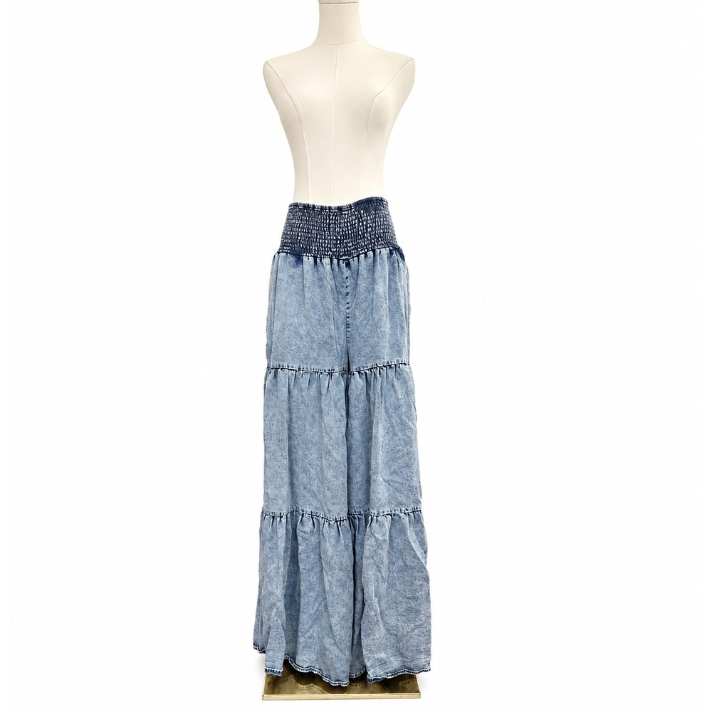 Tencel Wide Leg Tiered Pants XL Acid Wash Smocked Waist Boho Palazzo Festival